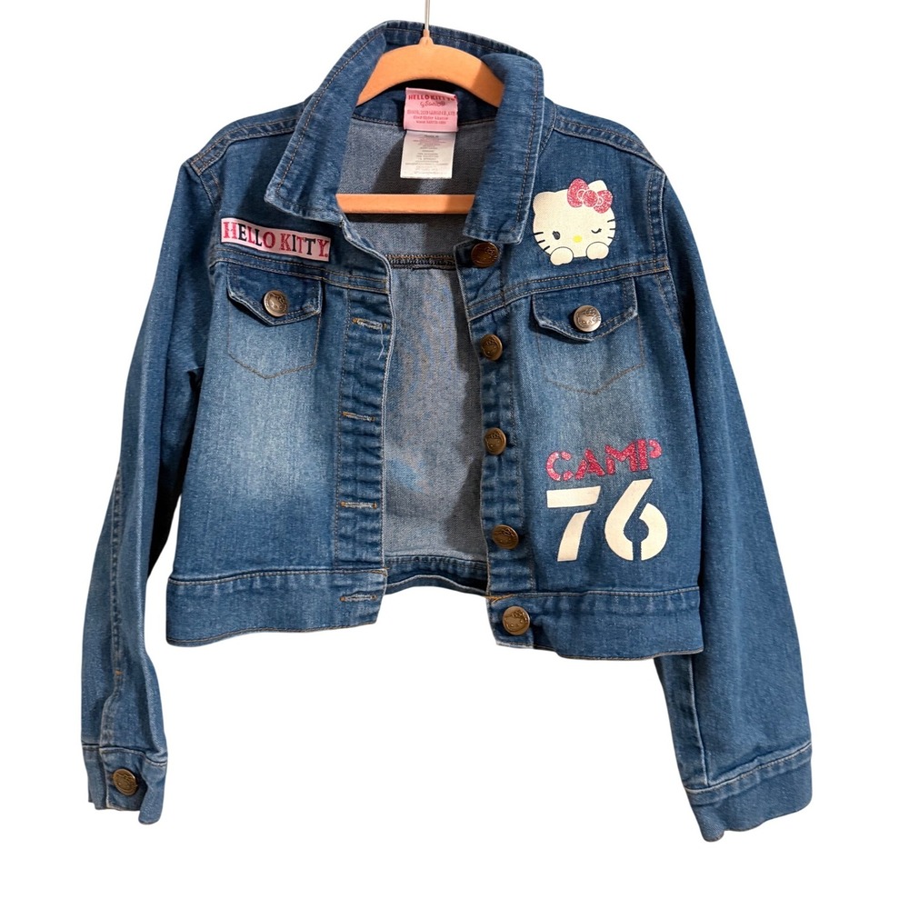 Hello Kitty Denim Jacket Girls XS 4/5‎ Blue Cropped Sanrio Camp 76 SJ3173
